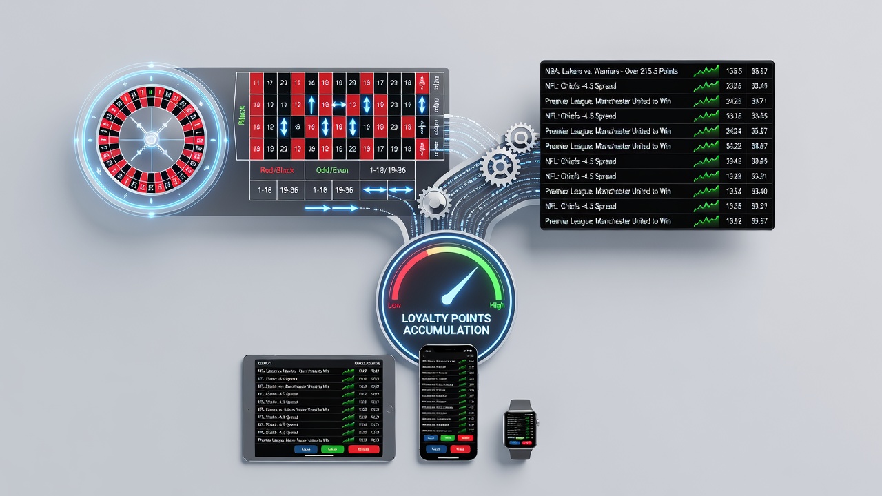 Mobile interface showing roulette wheel alongside sports betting odds with loyalty points tracker