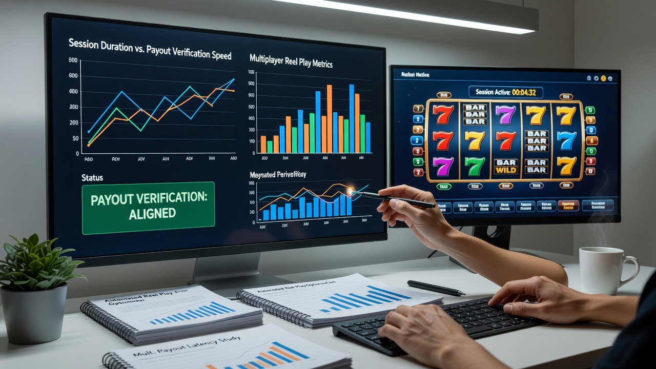 Analytics dashboard displaying session duration metrics matched against payout verification timelines across reel and sports betting modules