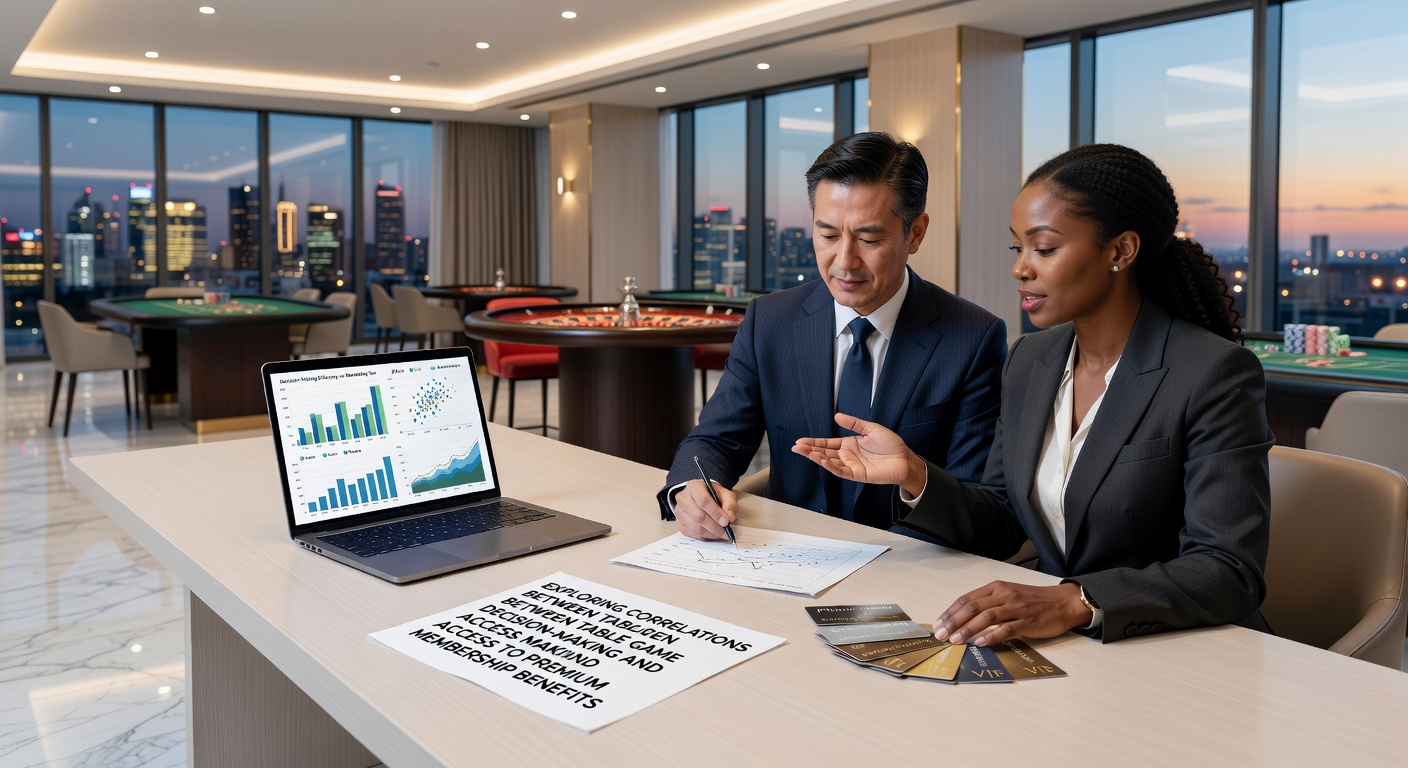 Table game players reviewing strategy cards at a blackjack table in a casino setting with premium lounge access visible in the background
