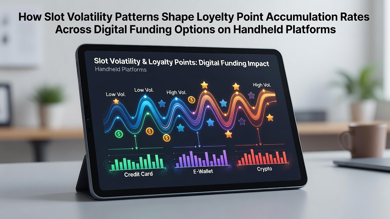 Mobile device displaying slot game interface with volatility indicators and loyalty point tracker overlay
