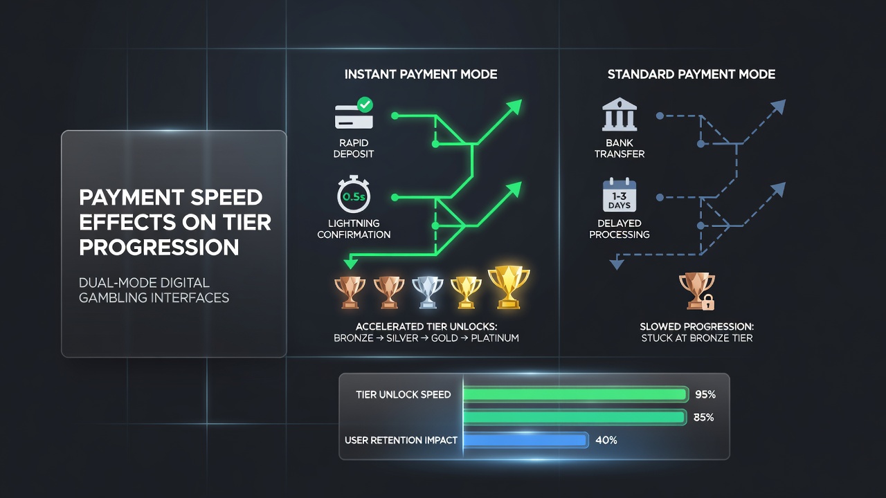 Hybrid gambling interface displaying instant deposit confirmation alongside tier progress indicators for casino games and live sports bets