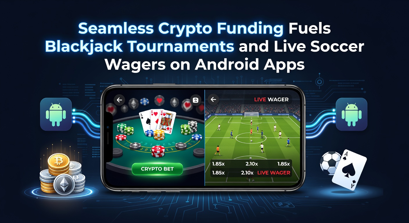 Android smartphone displaying a blackjack tournament leaderboard with crypto wallet integration and live soccer betting odds in the background