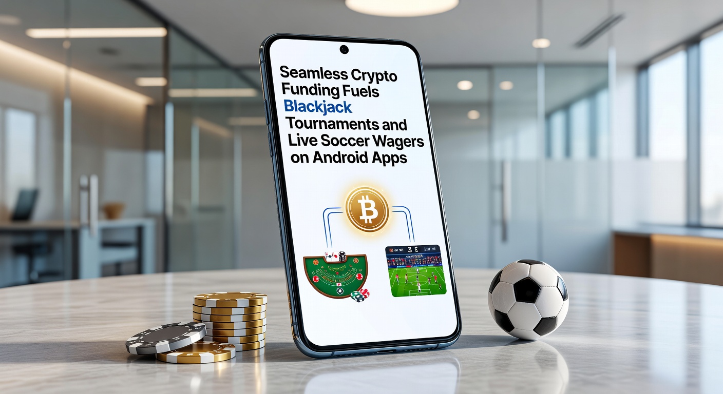 Live soccer match on an Android app screen showing in-play betting odds updated in real-time, with a crypto deposit confirmation popup and blackjack tournament entry button visible